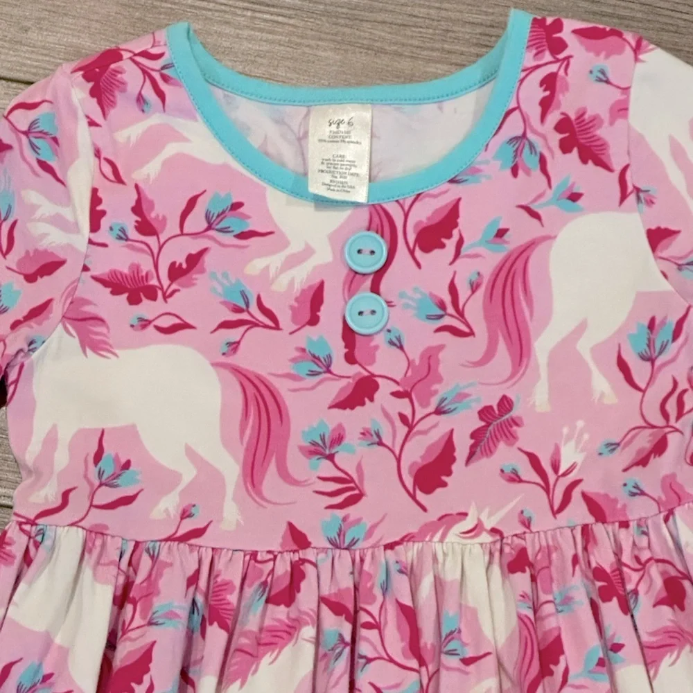 Like New Eleanor Rose 6 Girls Unicorn Pink and Blue Ruffle Dress